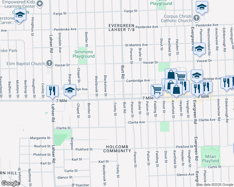 map of restaurants, bars, coffee shops, grocery stores, and more near 19175 Trinity Street in Detroit