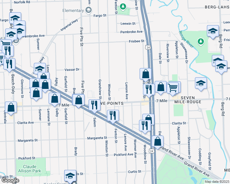 map of restaurants, bars, coffee shops, grocery stores, and more near 19230 Winston Street in Detroit