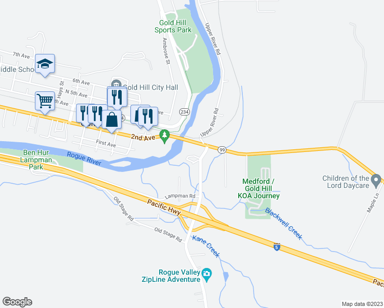 map of restaurants, bars, coffee shops, grocery stores, and more near 205 Garden Row in Gold Hill