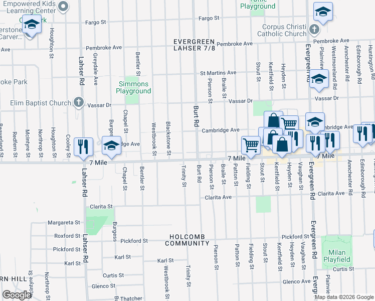 map of restaurants, bars, coffee shops, grocery stores, and more near 19175 Trinity Street in Detroit