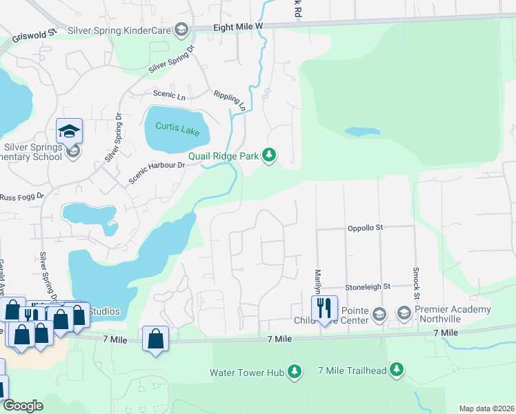 map of restaurants, bars, coffee shops, grocery stores, and more near 19573 Cardene Way in Northville