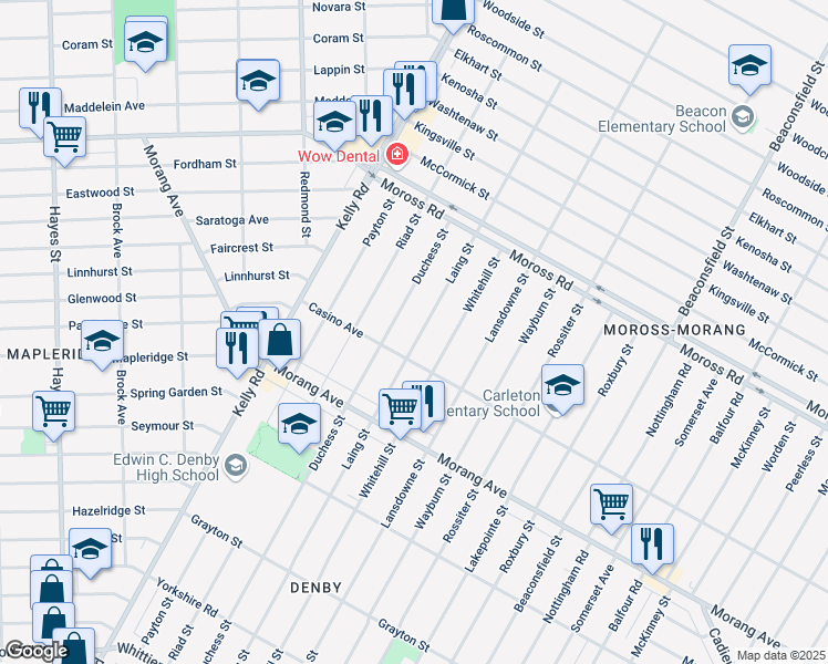 map of restaurants, bars, coffee shops, grocery stores, and more near 12451 Laing Street in Detroit