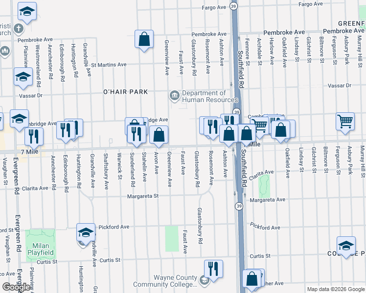 map of restaurants, bars, coffee shops, grocery stores, and more near W 7 Mile Rd & Faust Ave in Detroit
