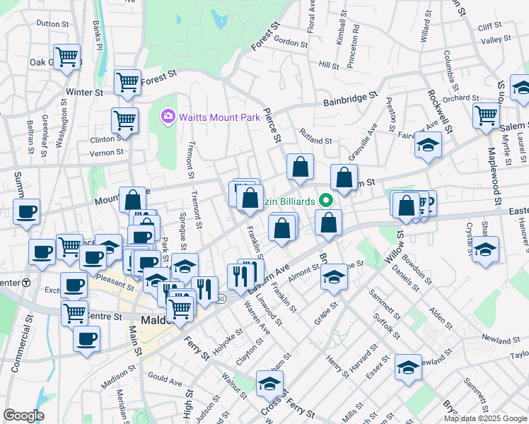 map of restaurants, bars, coffee shops, grocery stores, and more near 209 Salem Street in Malden