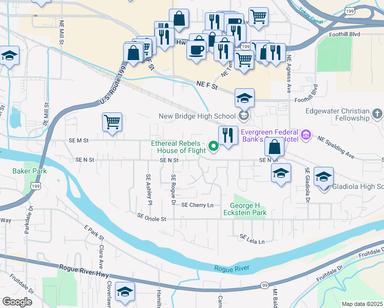map of restaurants, bars, coffee shops, grocery stores, and more near 1423 Southeast M Street in Grants Pass