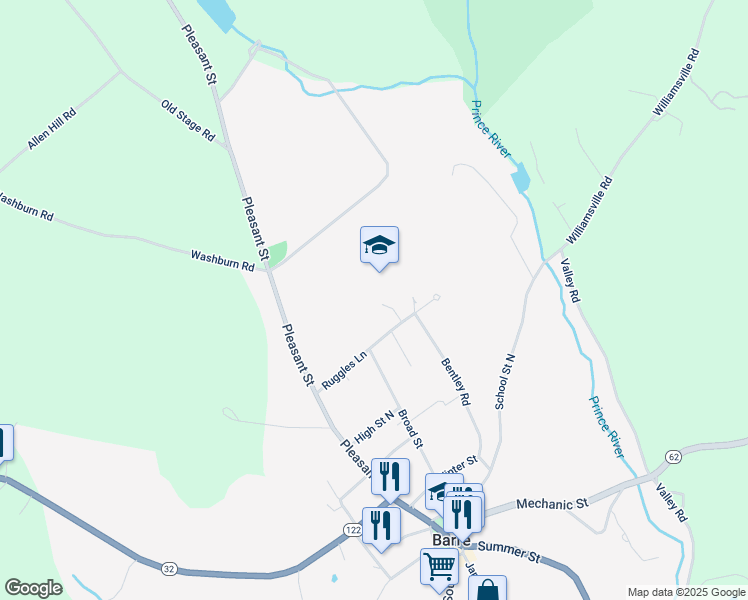 map of restaurants, bars, coffee shops, grocery stores, and more near 105 Ruggles Lane in Barre