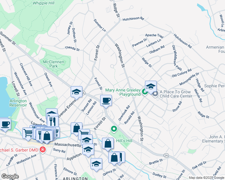 map of restaurants, bars, coffee shops, grocery stores, and more near 26 Aerial Street in Arlington