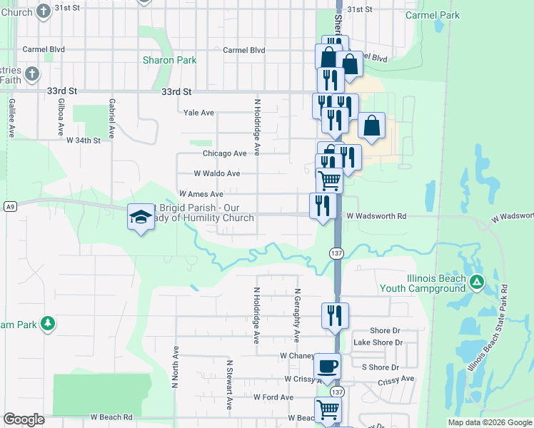 map of restaurants, bars, coffee shops, grocery stores, and more near 10205 West Ames Avenue in Beach Park