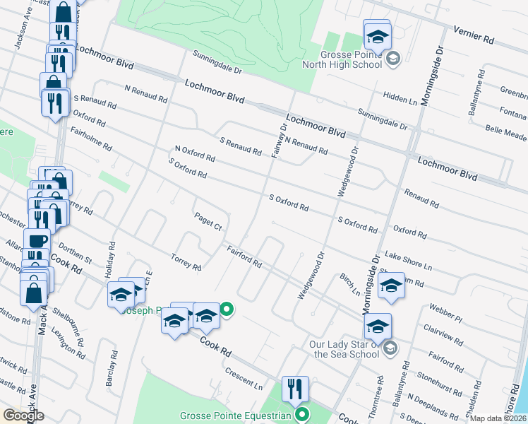 map of restaurants, bars, coffee shops, grocery stores, and more near 1011 South Oxford Road in Grosse Pointe Woods