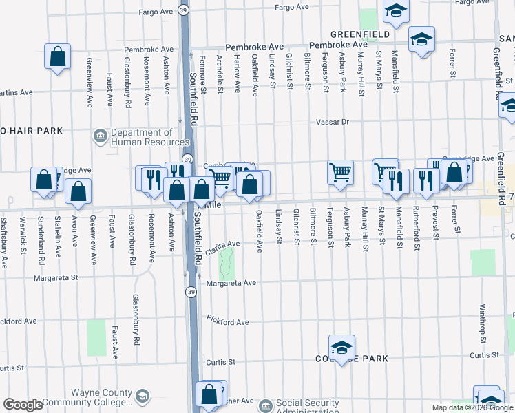 map of restaurants, bars, coffee shops, grocery stores, and more near 17501 W 7 Mile Rd in Detroit