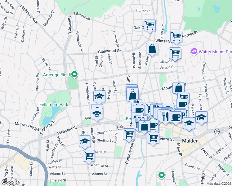 map of restaurants, bars, coffee shops, grocery stores, and more near Cedar St & Chestnut St in Malden