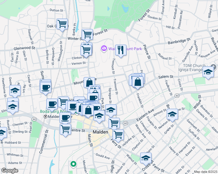 map of restaurants, bars, coffee shops, grocery stores, and more near 42 Concord Street in Malden