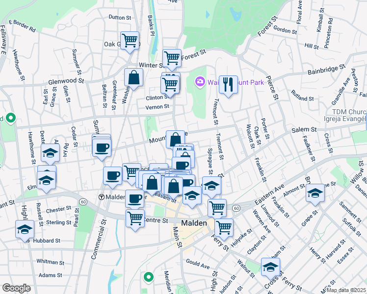 map of restaurants, bars, coffee shops, grocery stores, and more near 12 Concord Street in Malden
