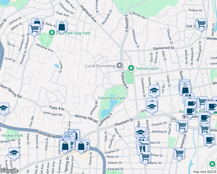 map of restaurants, bars, coffee shops, grocery stores, and more near 5 Cushing Road in Malden