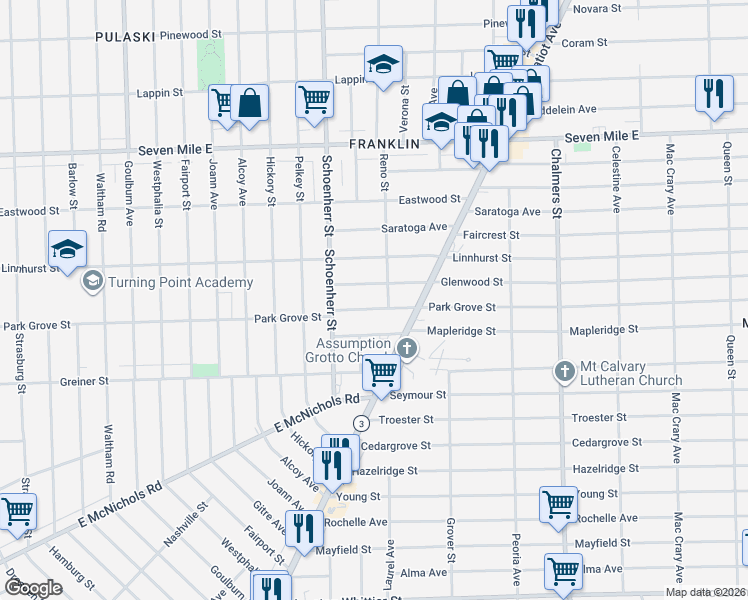 map of restaurants, bars, coffee shops, grocery stores, and more near 13692 Glenwood Street in Detroit