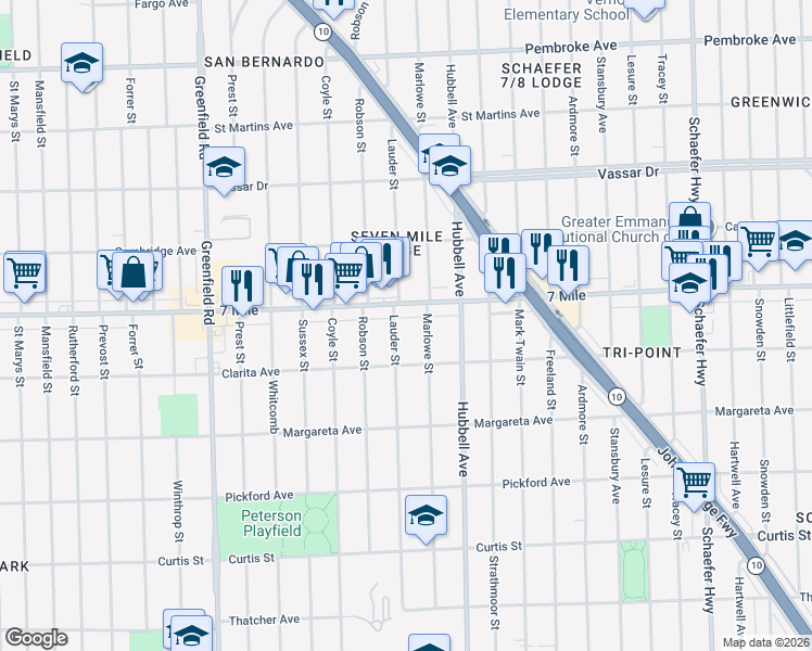 map of restaurants, bars, coffee shops, grocery stores, and more near 14701 West Seven Mile Road in Detroit