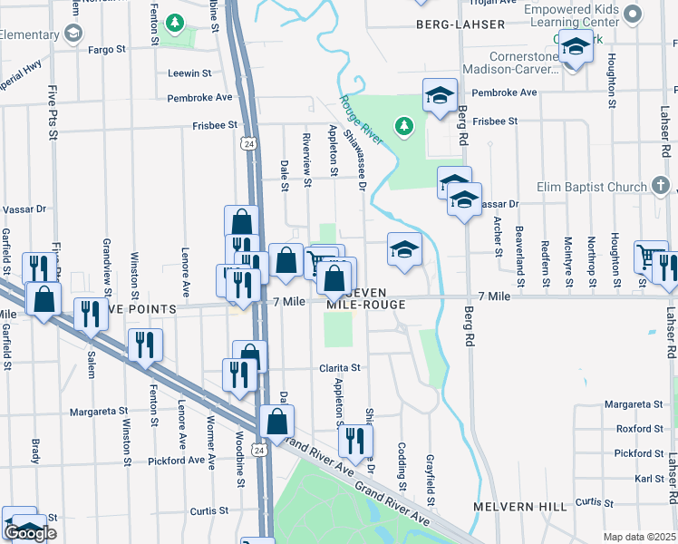 map of restaurants, bars, coffee shops, grocery stores, and more near 19209 Appleton Street in Detroit