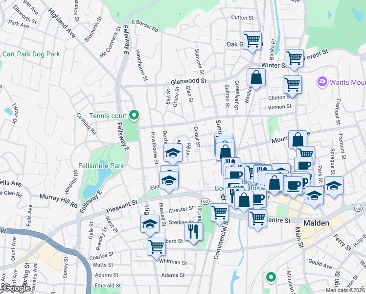 map of restaurants, bars, coffee shops, grocery stores, and more near 44 Rockland Avenue in Malden