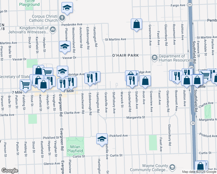 map of restaurants, bars, coffee shops, grocery stores, and more near 19144 Grandville Avenue in Detroit