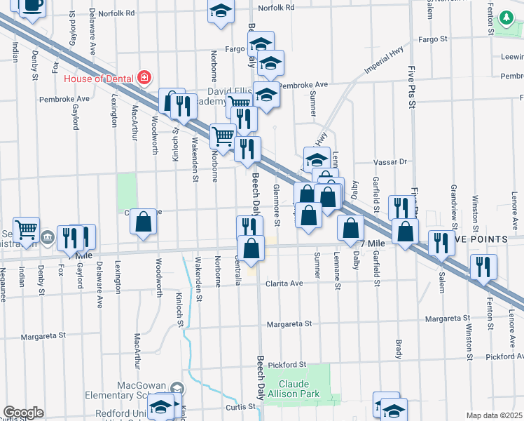 map of restaurants, bars, coffee shops, grocery stores, and more near 19212 Beech Daly in Redford Charter Township