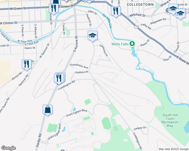 map of restaurants, bars, coffee shops, grocery stores, and more near 705 Hudson Street in Ithaca
