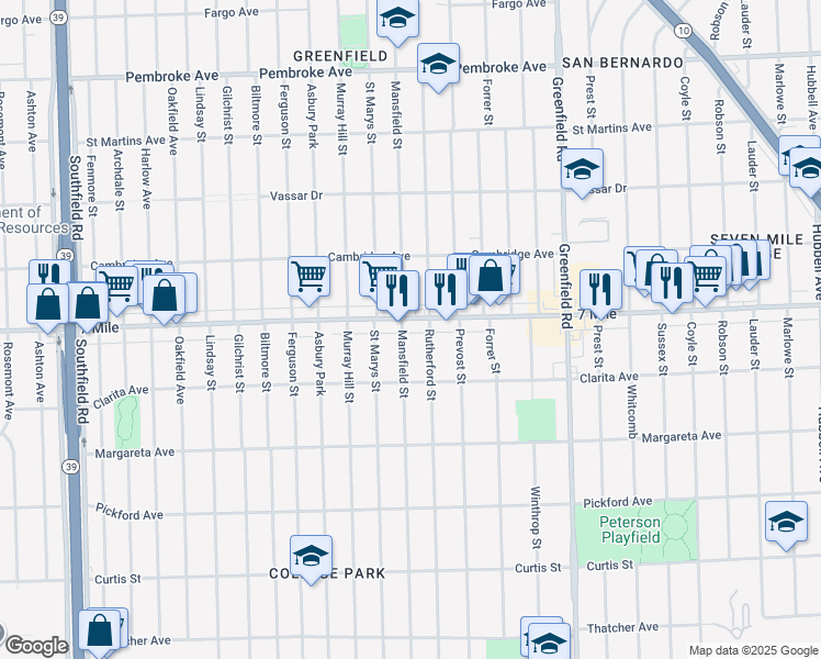 map of restaurants, bars, coffee shops, grocery stores, and more near 18994 Saint Marys Street in Detroit