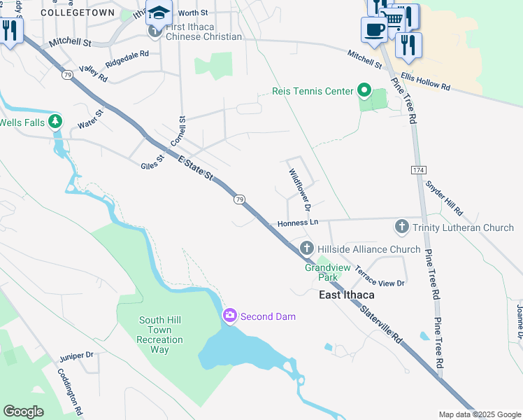 map of restaurants, bars, coffee shops, grocery stores, and more near 1346 Slaterville Rd in Ithaca