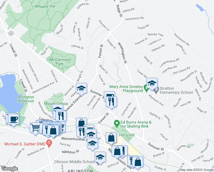 map of restaurants, bars, coffee shops, grocery stores, and more near 183 Forest Street in Arlington