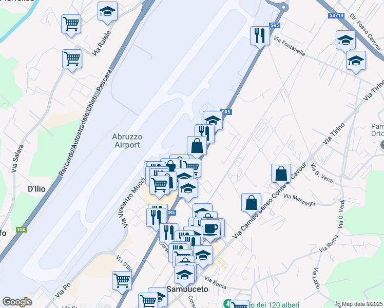 map of restaurants, bars, coffee shops, grocery stores, and more near 170 Via Amendola in Pescara