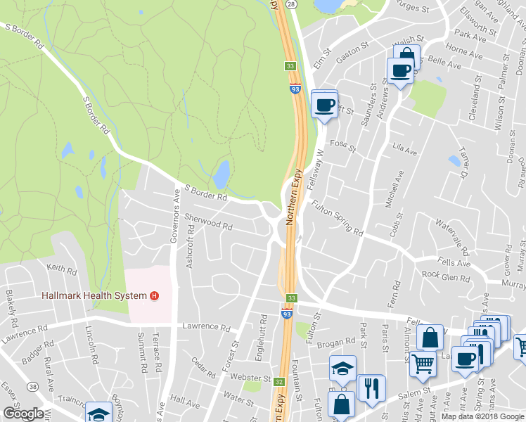 map of restaurants, bars, coffee shops, grocery stores, and more near 30 South Border Road in Medford
