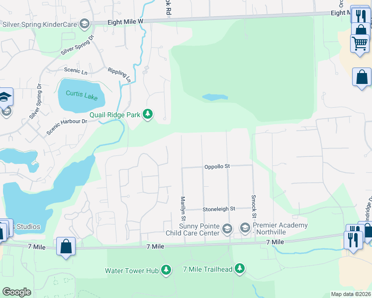 map of restaurants, bars, coffee shops, grocery stores, and more near 19820 Marilyn Street in Northville