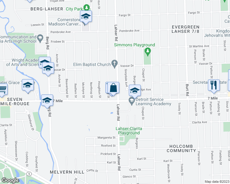 map of restaurants, bars, coffee shops, grocery stores, and more near 19169 Lahser Road in Detroit