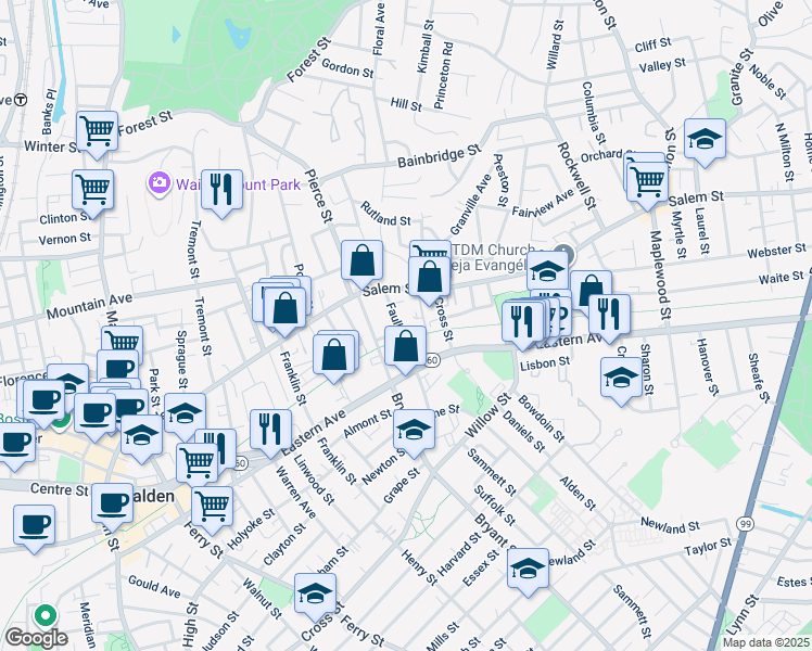 map of restaurants, bars, coffee shops, grocery stores, and more near 19 Faulkner Street in Malden