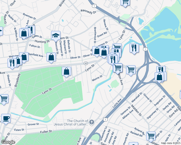 map of restaurants, bars, coffee shops, grocery stores, and more near 5 Blaine Street in Malden