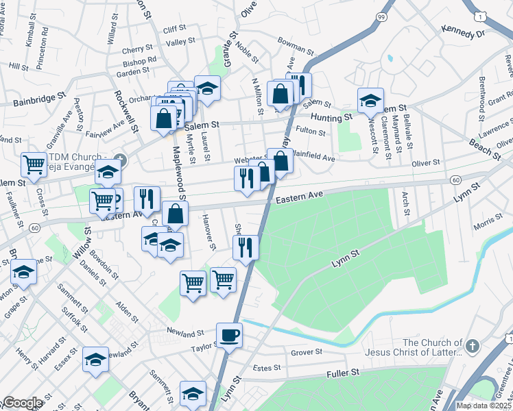 map of restaurants, bars, coffee shops, grocery stores, and more near 1012 Eastern Avenue in Malden