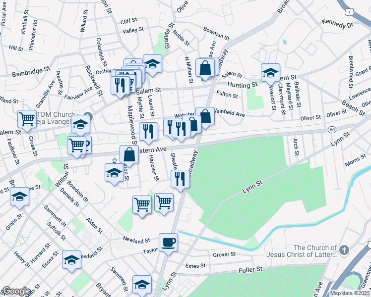 map of restaurants, bars, coffee shops, grocery stores, and more near 1012 Eastern Avenue in Malden