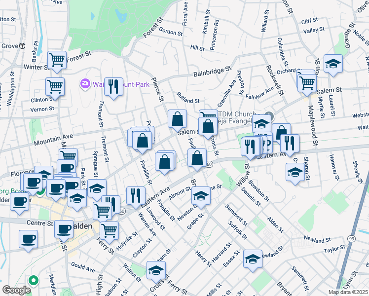 map of restaurants, bars, coffee shops, grocery stores, and more near 19 Faulkner Street in Malden