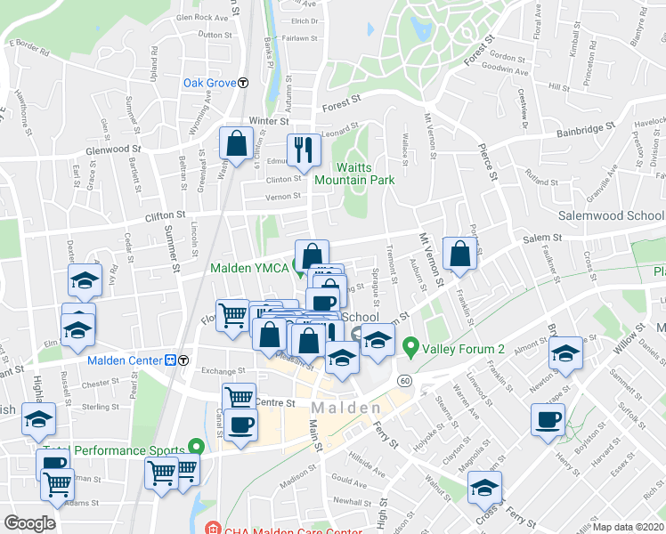 map of restaurants, bars, coffee shops, grocery stores, and more near 12 Concord Street in Malden