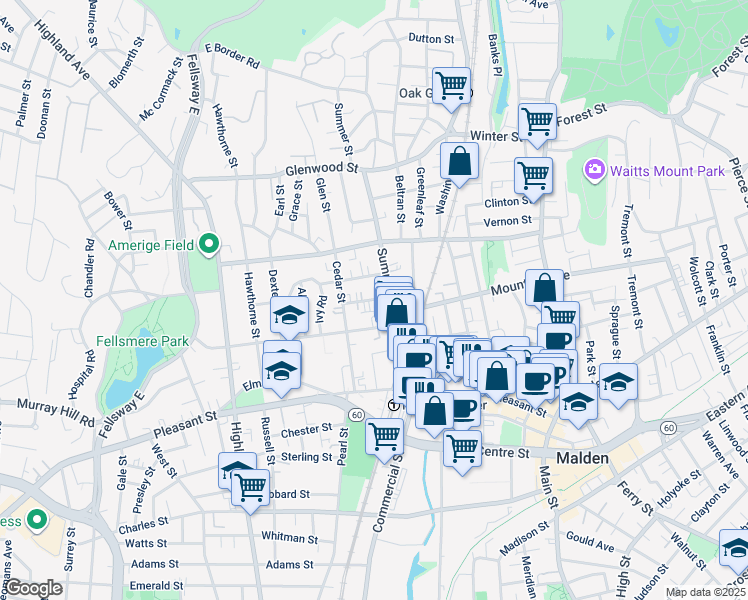 map of restaurants, bars, coffee shops, grocery stores, and more near 110 Summer Street in Malden