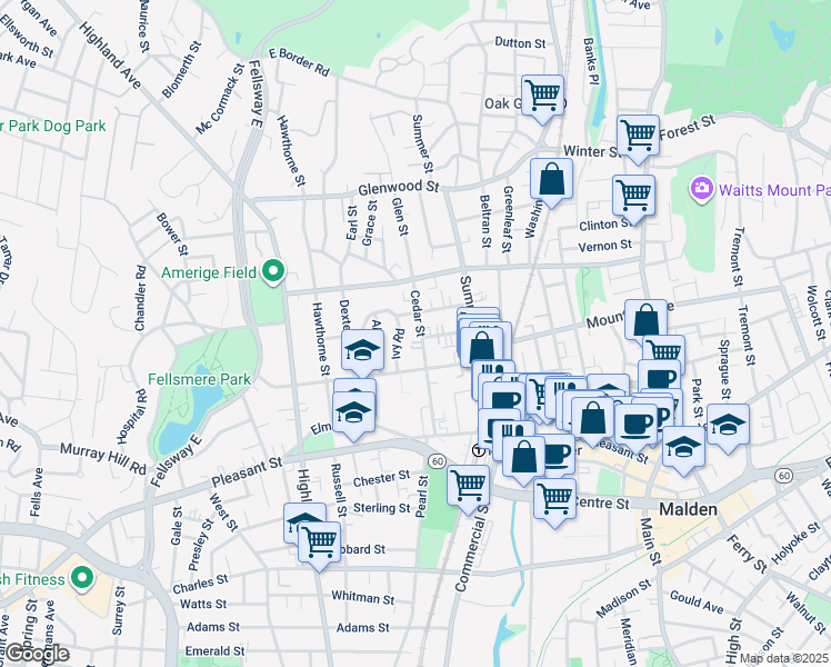 map of restaurants, bars, coffee shops, grocery stores, and more near 32 Rockland Avenue in Malden