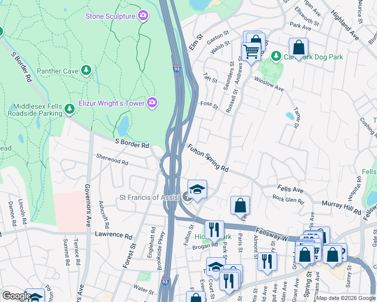 map of restaurants, bars, coffee shops, grocery stores, and more near 12 Fulton Spring Road in Medford