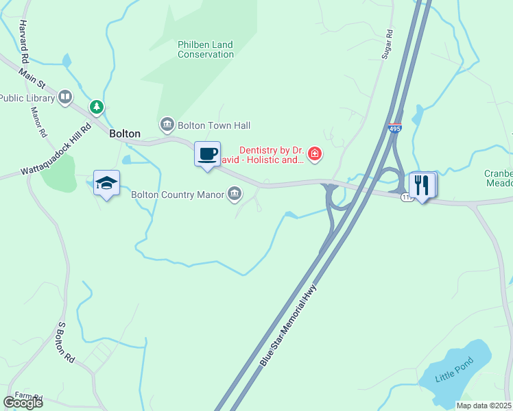 map of restaurants, bars, coffee shops, grocery stores, and more near 580 Main Street in Bolton