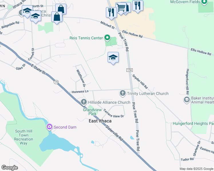 map of restaurants, bars, coffee shops, grocery stores, and more near 146 Honness Ln in Ithaca