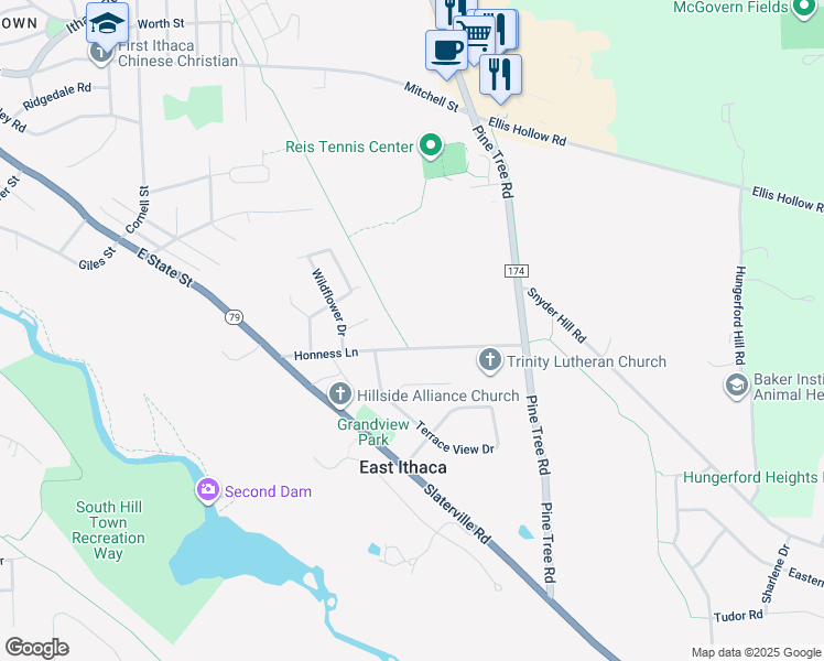 map of restaurants, bars, coffee shops, grocery stores, and more near E Ithaca Recreation Way in Ithaca