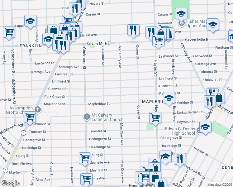 map of restaurants, bars, coffee shops, grocery stores, and more near 14676 Glenwood Street in Detroit