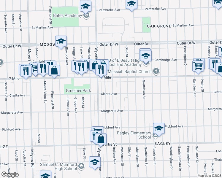 map of restaurants, bars, coffee shops, grocery stores, and more near 18952 Indiana Street in Detroit