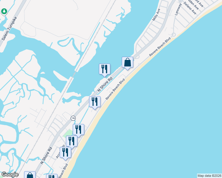 map of restaurants, bars, coffee shops, grocery stores, and more near 543 Revere Beach Boulevard in Revere
