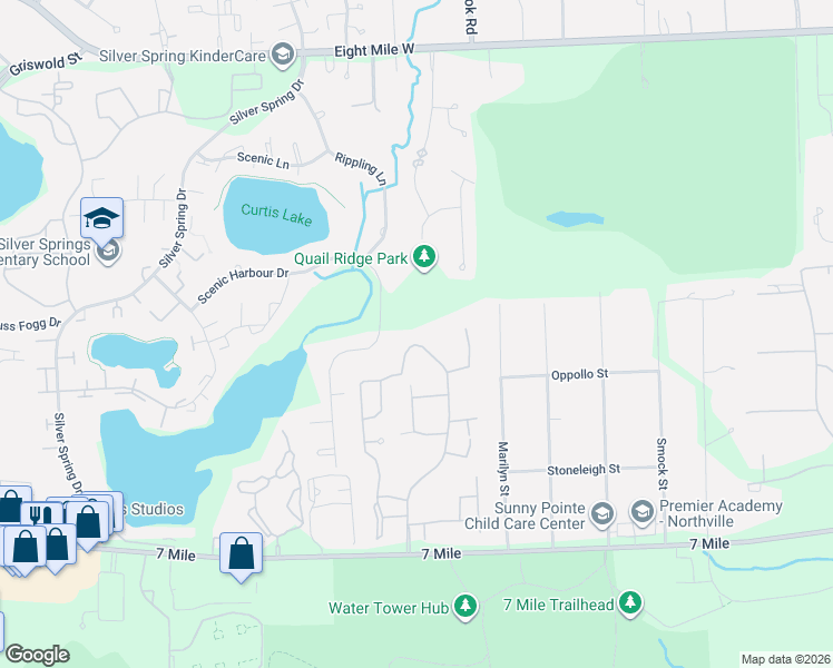 map of restaurants, bars, coffee shops, grocery stores, and more near 19573 Cardene Way in Northville