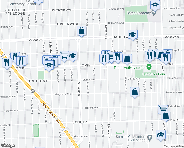 map of restaurants, bars, coffee shops, grocery stores, and more near 18945 Steel Street in Detroit