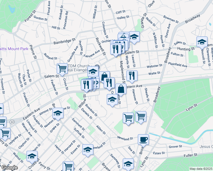 map of restaurants, bars, coffee shops, grocery stores, and more near 14 Webster Court in Malden